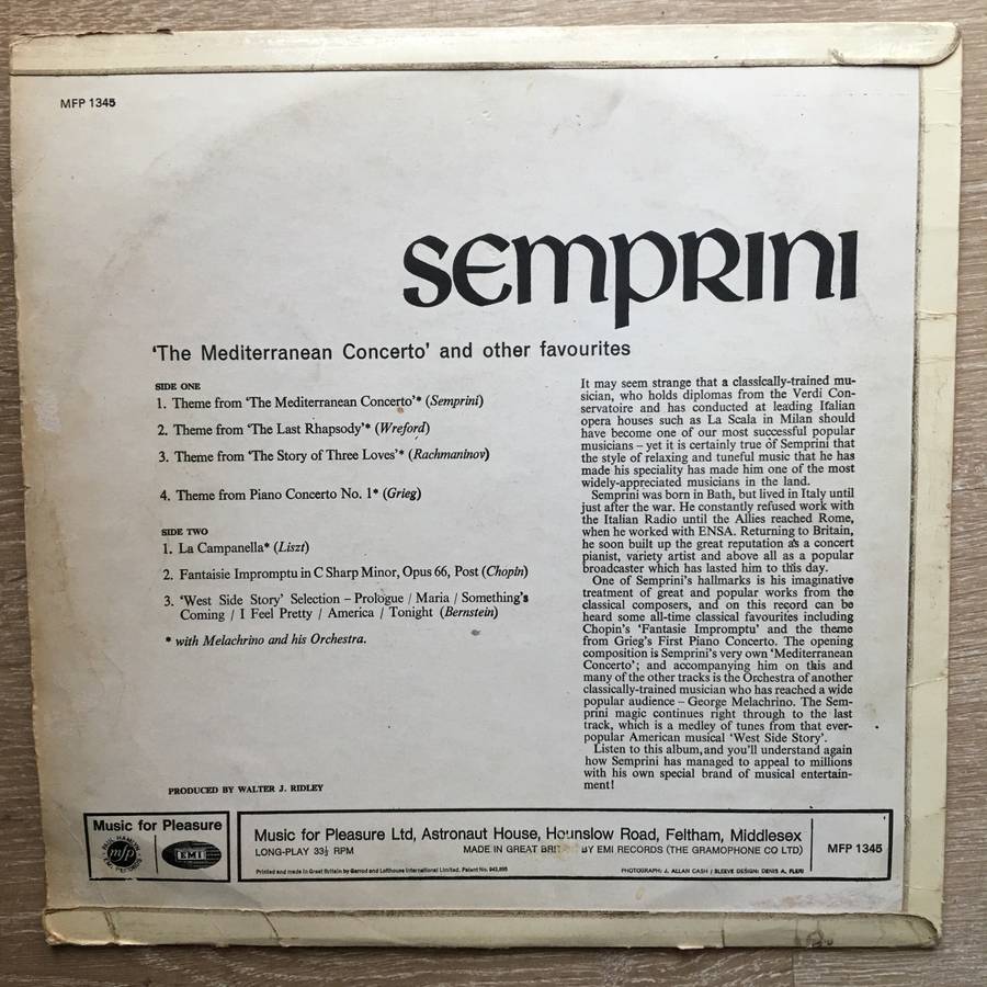 Semprini  The Mediterranean Concerto -  Vinyl LP Record - Opened  - Good Quality (G)