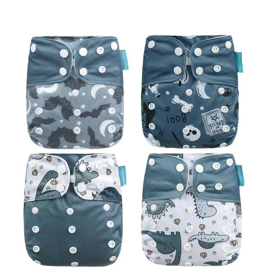 4 Pack, Happy Flute Pocket Diapers, Dinos and bats