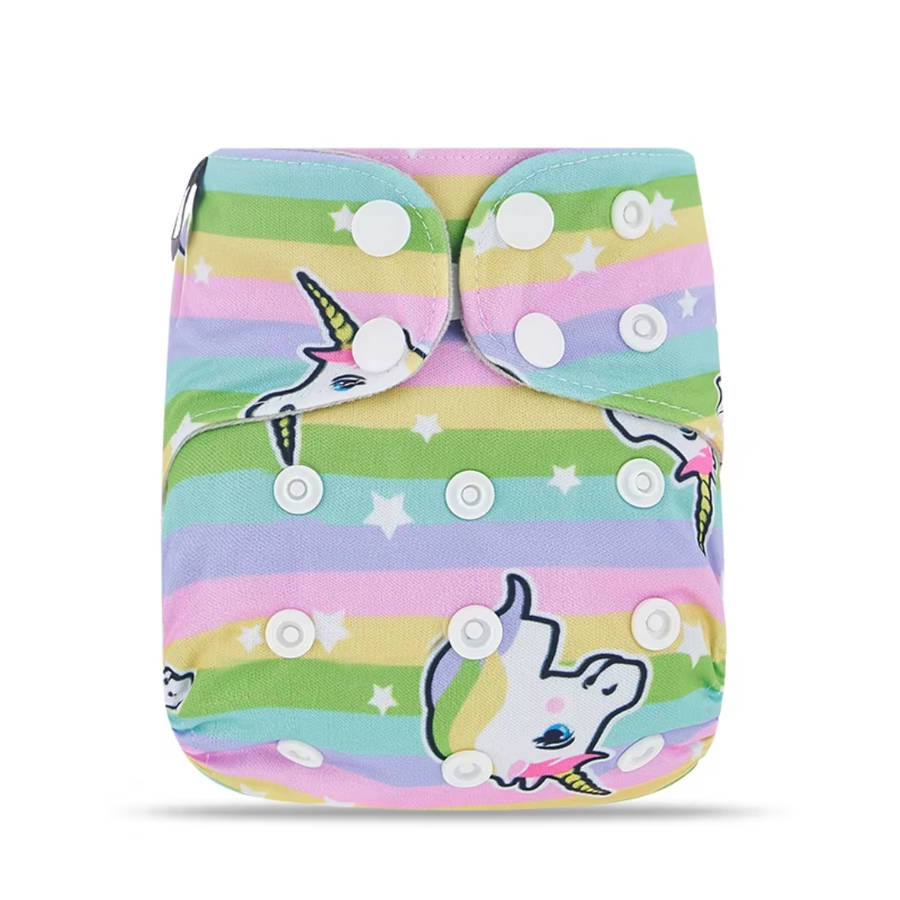 Newborn reusable cloth diaper, grey suede, ALL-IN-ONE, Rainbow unicorn