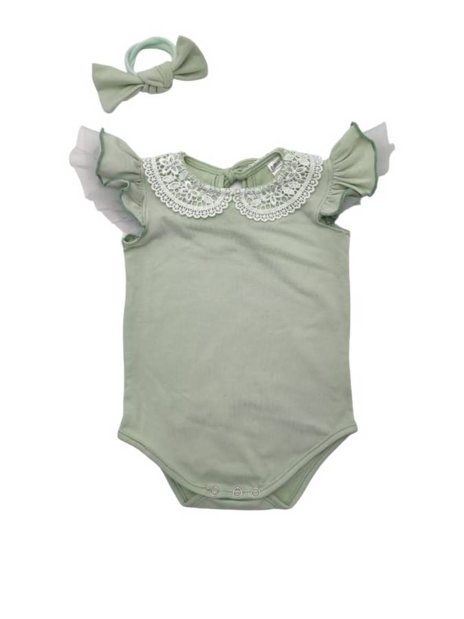Short sleeve Mint lace collar with drama sleeves vest & Headband set