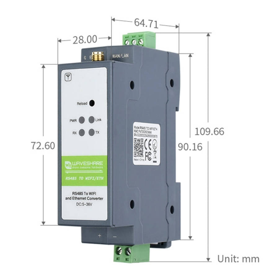 Waveshare Rail-Mount Serial Server RS485 to WIFI/Ethernet Module, Modbus MQTT Gateway, 21968