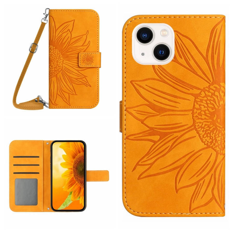 Skin Feel Sun Flower Embossed Flip Leather Phone Case with Lanyard, For iPhone 16, For iPhone 15 ...
