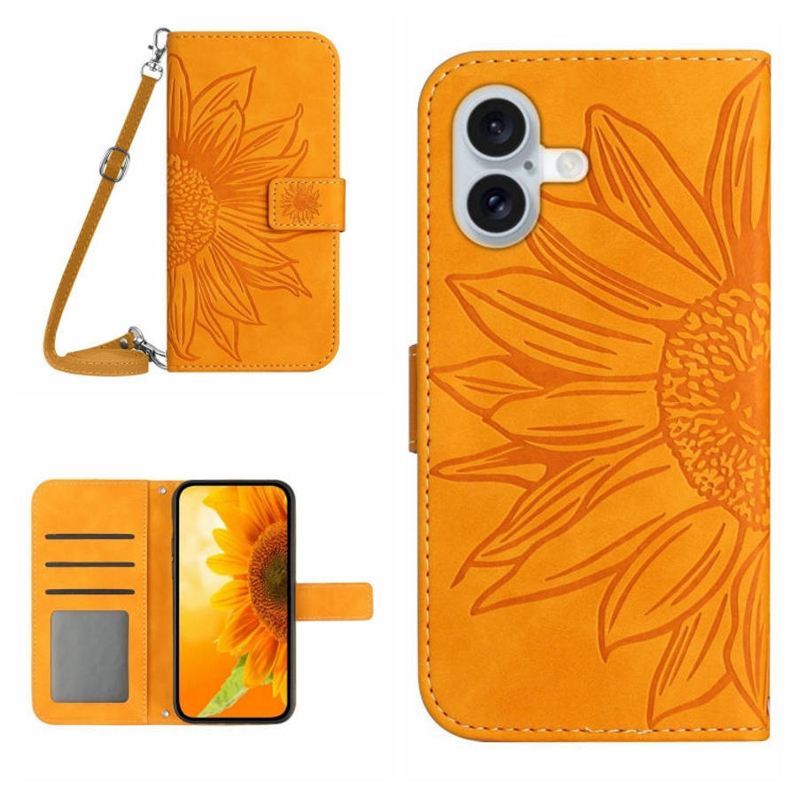 Skin Feel Sun Flower Embossed Flip Leather Phone Case with Lanyard, For iPhone 16, For iPhone 15 ...