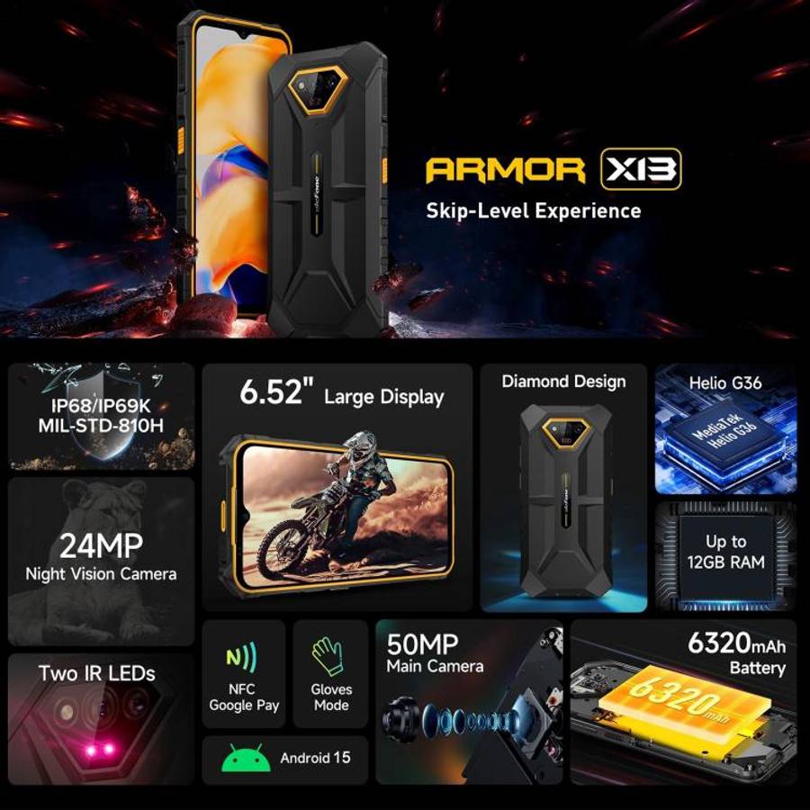Ulefone Armor X13, IP68/IP69K Rugged Phone, 6.52 inch Android 15 MediaTek Helio G36 Octa Core, Ne...