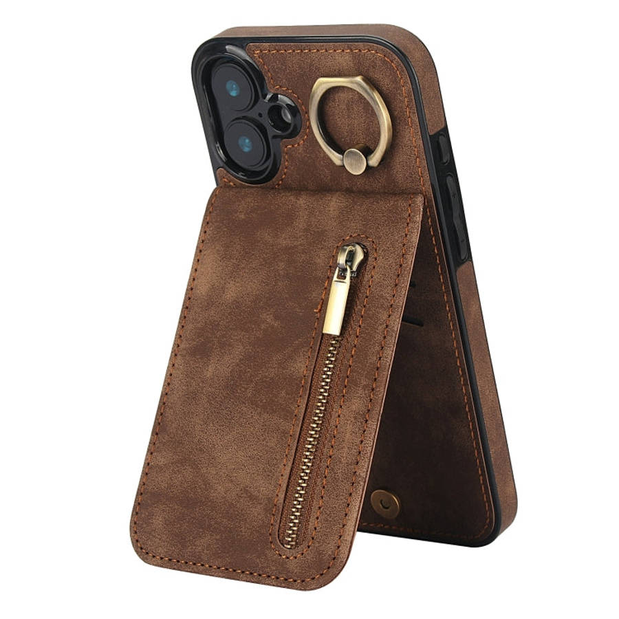 Retro Ring and Zipper RFID Card Slot Phone Case, For iPhone 16 Pro, For iPhone 16 Plus, For iPhon...