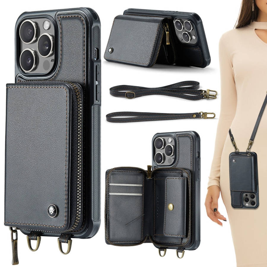 JEEHOOD C22 Series Zipper Wallet Leather Phone Case with Dual Lanyard, For iPhone 15 Pro, For iPh...
