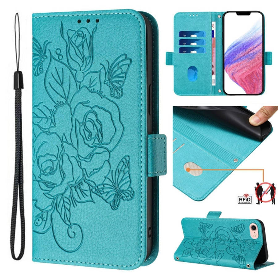 Embossed Rose RFID Anti-theft Leather Phone Case, For iPhone 14 Pro Max, For iPhone SE 2022 / SE ...