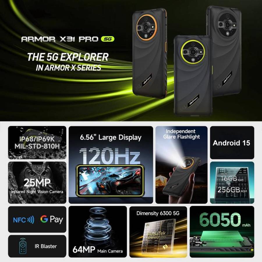 Ulefone Armor X31 Pro 5G, 8GB+256GB, Night Vision, IP68/IP69K Rugged Phone, 6.56 inch Android 14 ...