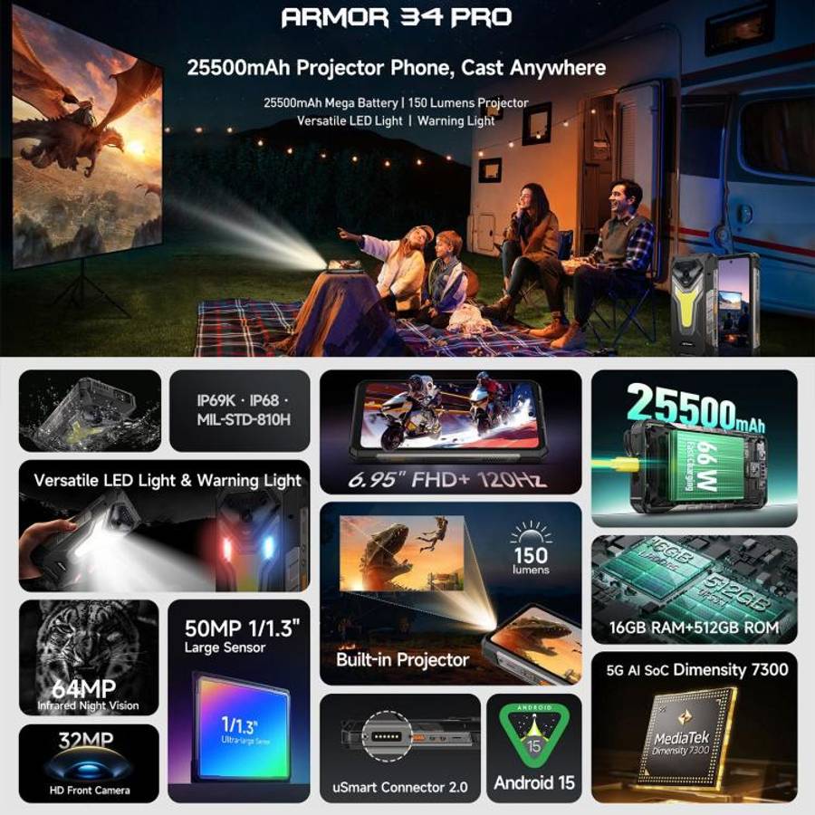 Ulefone Armor 34 Pro, 16GB+512GB, Night Vision, IP68/IP69K Rugged Phone, 6.95 inch Android 15 Med...