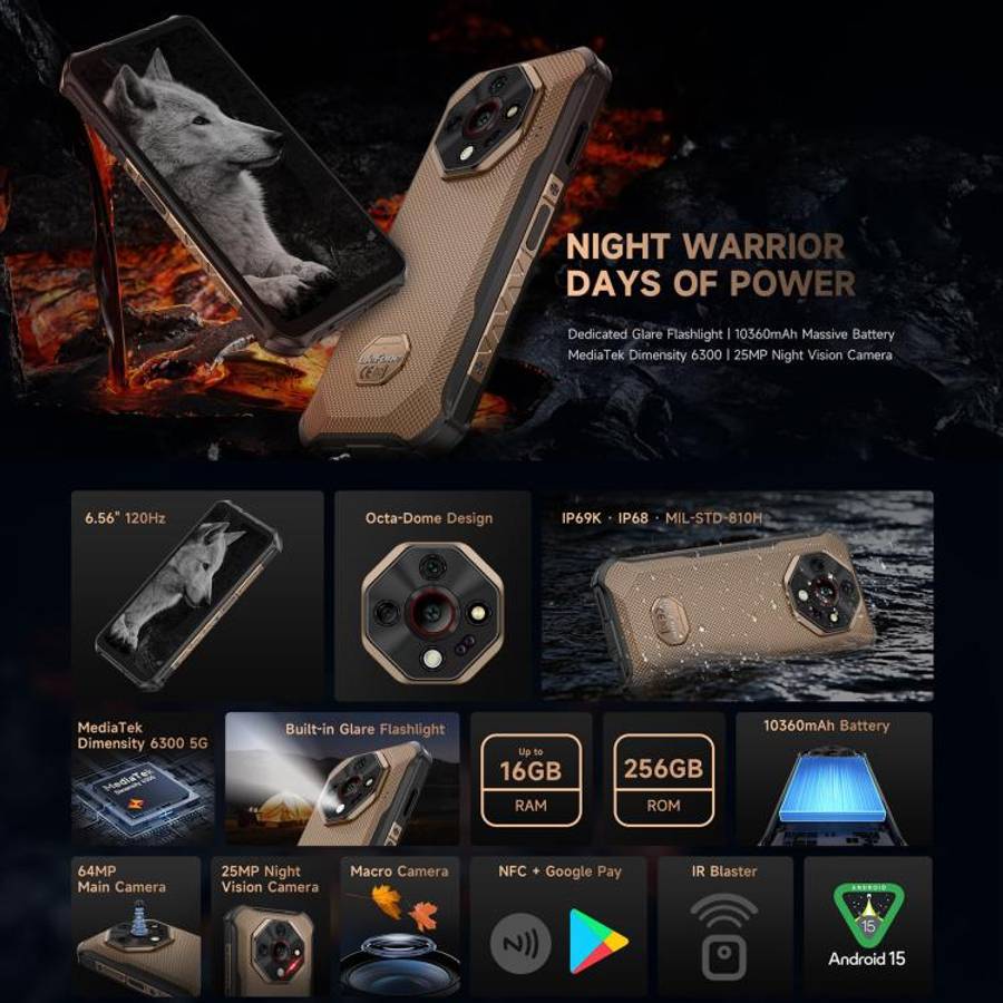 Ulefone Armor X16 Pro, 5GB+256GB, Night Vision, IP68/IP69K Rugged Phone, 6.56 inch Android 15 Med...
