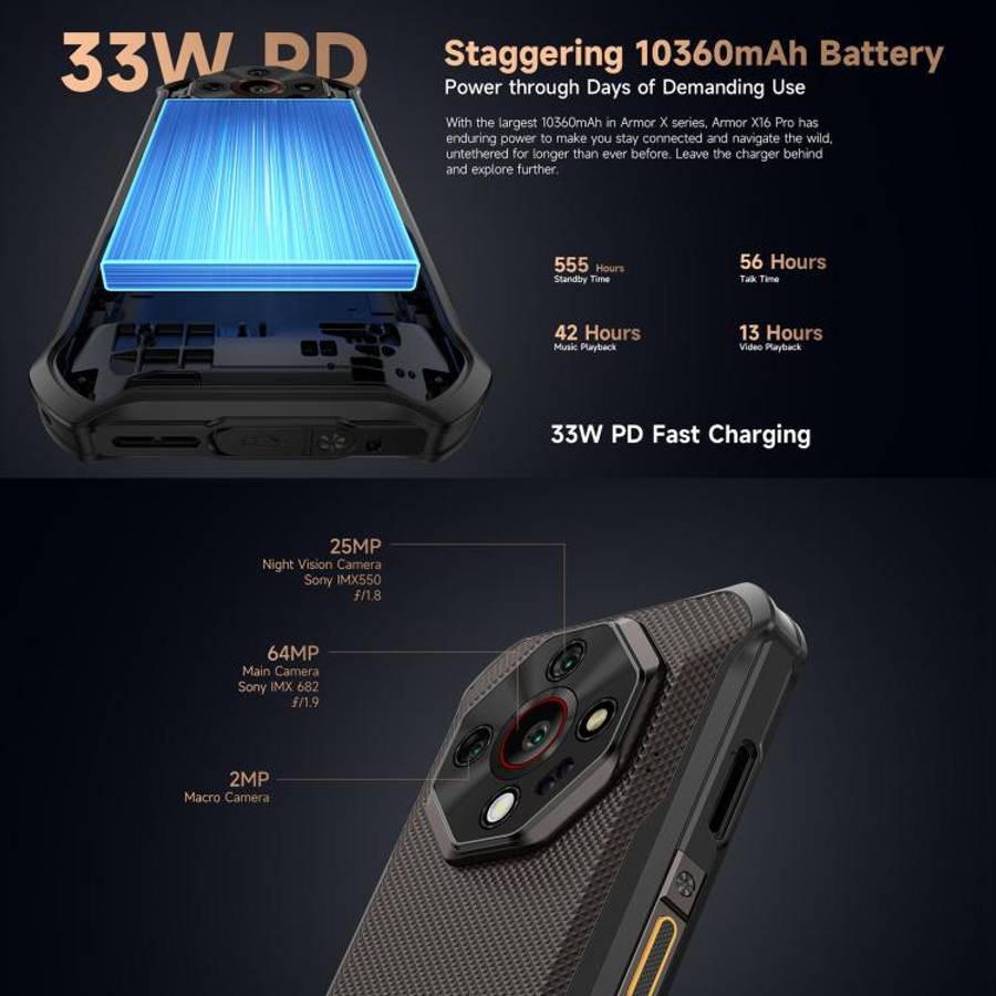 Ulefone Armor X16 Pro, 5GB+256GB, Night Vision, IP68/IP69K Rugged Phone, 6.56 inch Android 15 Med...