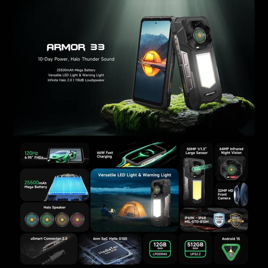 Ulefone Armor 33 Rugged Phone, 12GB+512GB, 6.95 inch Android 15 MediaTek Helio G100 Octa Core, Ne...