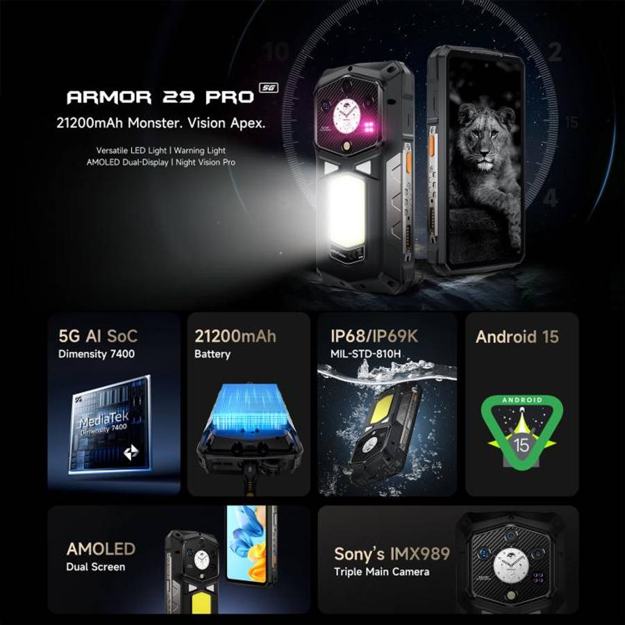 Ulefone Armor 29 Pro Rugged Phone, 16GB+512GB, Night Vision, 6.67 inch + 1.04 inch Android 15 Med...