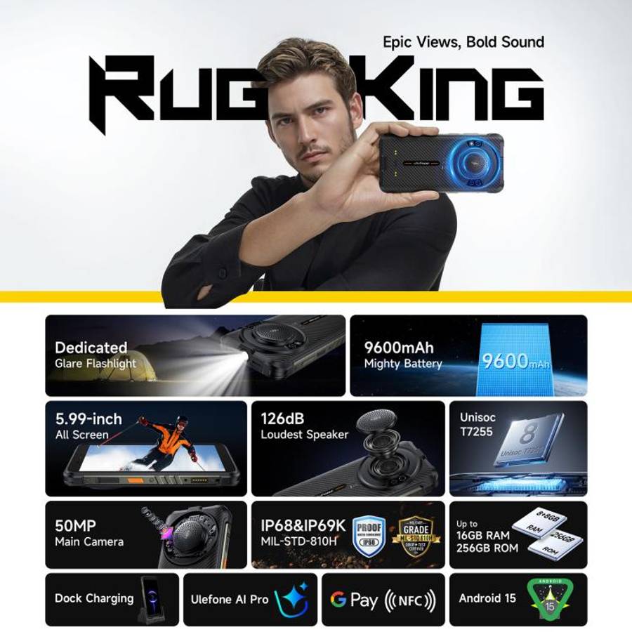 Ulefone RugKing, 8GB+256GB, IP68/IP69K Rugged Phone, 5.99 inch Android 15 Unisoc T7255 Octa Core,...