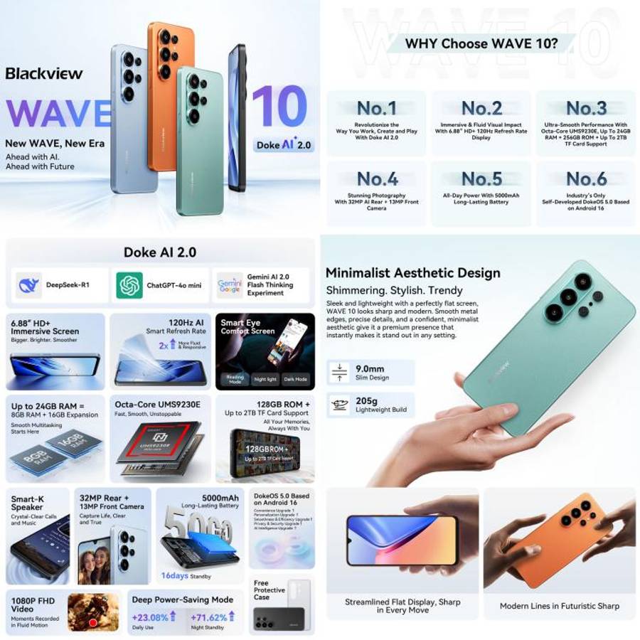 Blackview WAVE 10, 8GB+256GB, 6.88 inch Android 16 Unisoc UMS9230E Octa Core, Network: 4G, OTG, W...