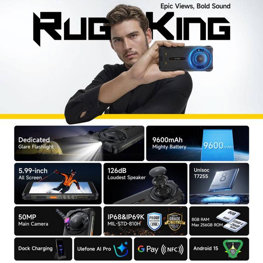 Ulefone RugKing, 8GB+128GB, IP68/IP69K Rugged Phone, 5.99 inch Android 15 Unisoc T7255 Octa Core,...