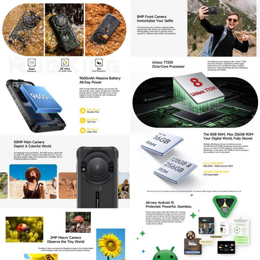 Ulefone RugKing, 8GB+128GB, IP68/IP69K Rugged Phone, 5.99 inch Android 15 Unisoc T7255 Octa Core,...