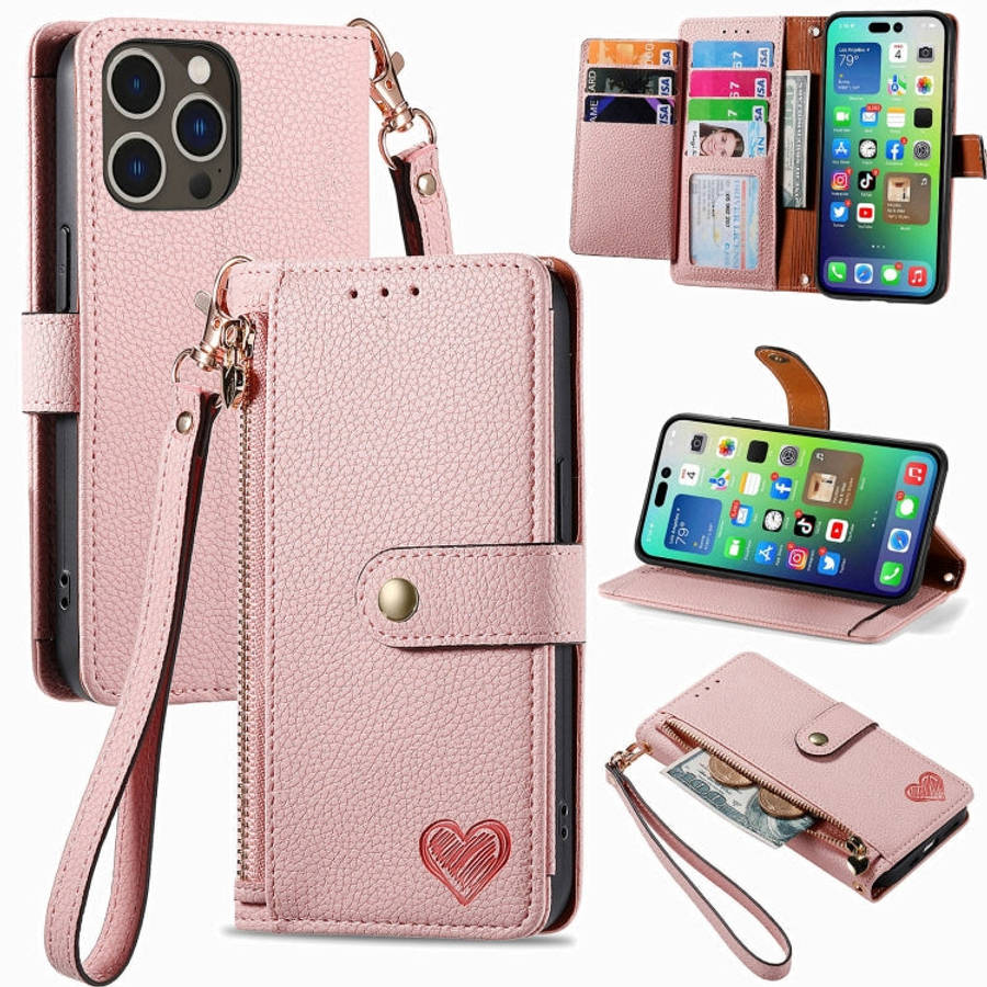 Love Zipper Lanyard Leather Phone Case, For iPhone 17e / 16e, For iPhone 17 Pro Max, For iPhone 1...