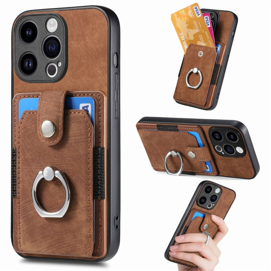 Retro Skin-feel Ring Card Wallet Phone Case, For iPhone 15 Pro Max, For iPhone 15 Pro, For iPhone...