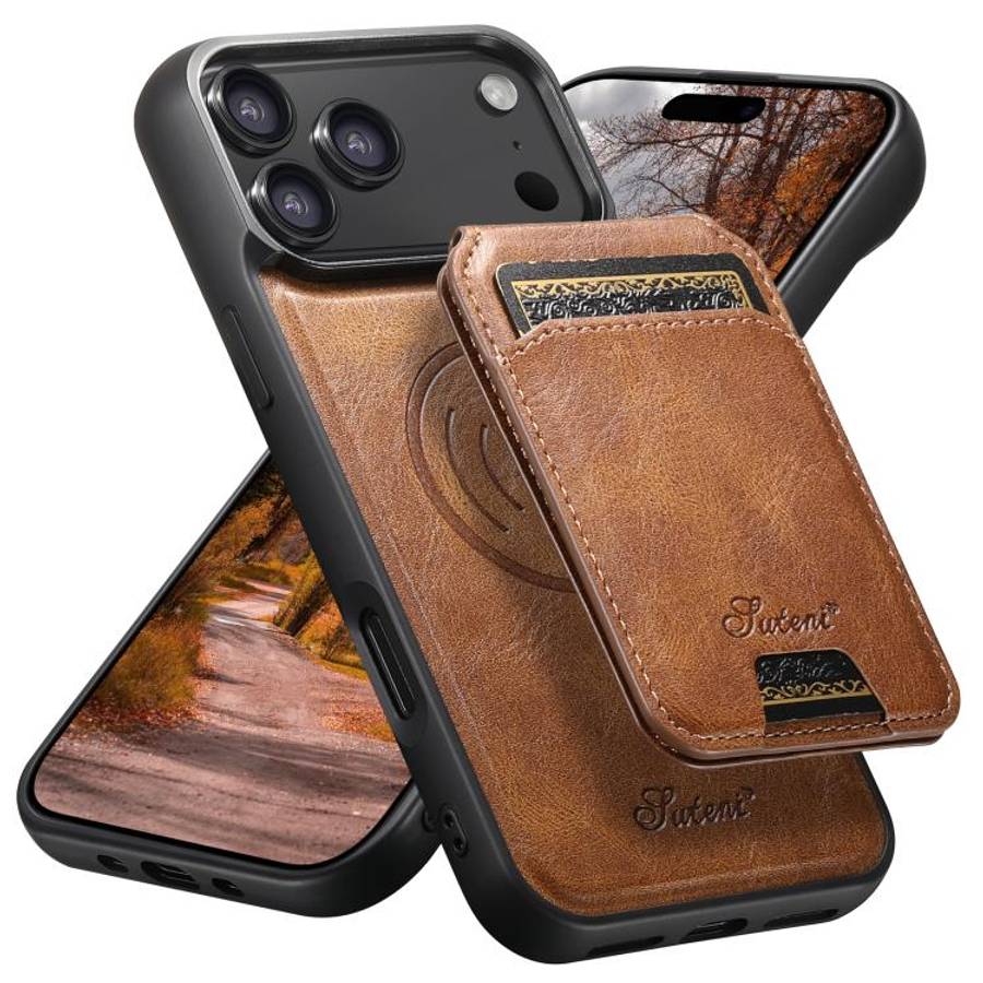 Suteni H15 MagSafe Oil Eax Leather Detachable Wallet Back Phone Case, For iPhone 18, For iPhone 1...