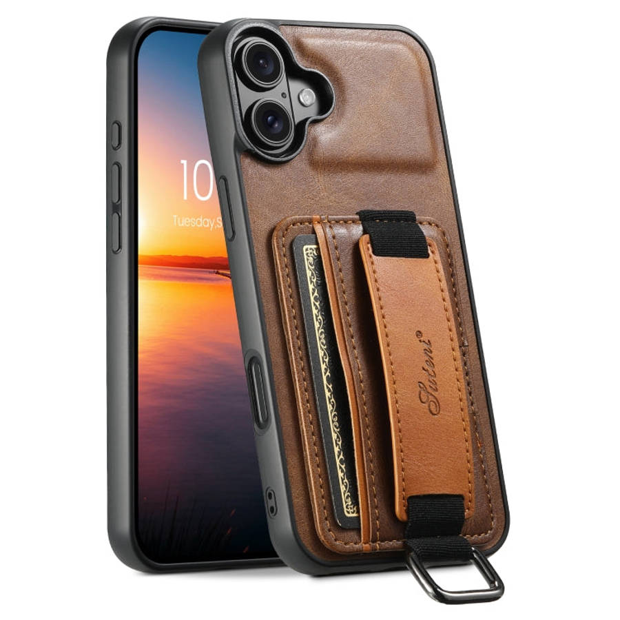 Suteni H13 Card Wallet Wrist Strap Holder PU Phone Case, For iPhone 18, For iPhone 18 Pro, For iP...