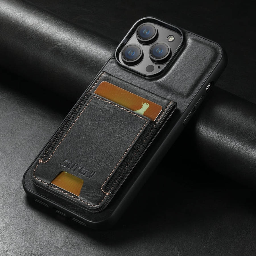 Suteni H03 Oil Wax Leather Wallet Stand Back Phone Case, For iPhone 14, For iPhone 14 Pro, For iP...