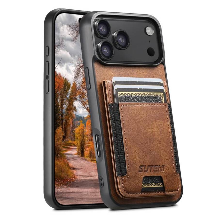 Suteni H03 Oil Wax Leather Wallet Stand Back Phone Case, For iPhone 18, For iPhone 18 Pro, For iP...
