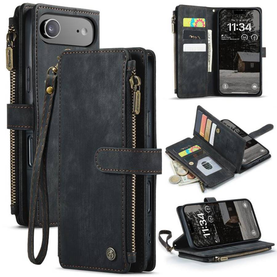 CaseMe C30 Card Slots Zipper Wallet Leather Phone Case, For iPhone 17e / 16e, For iPhone 17 Pro M...