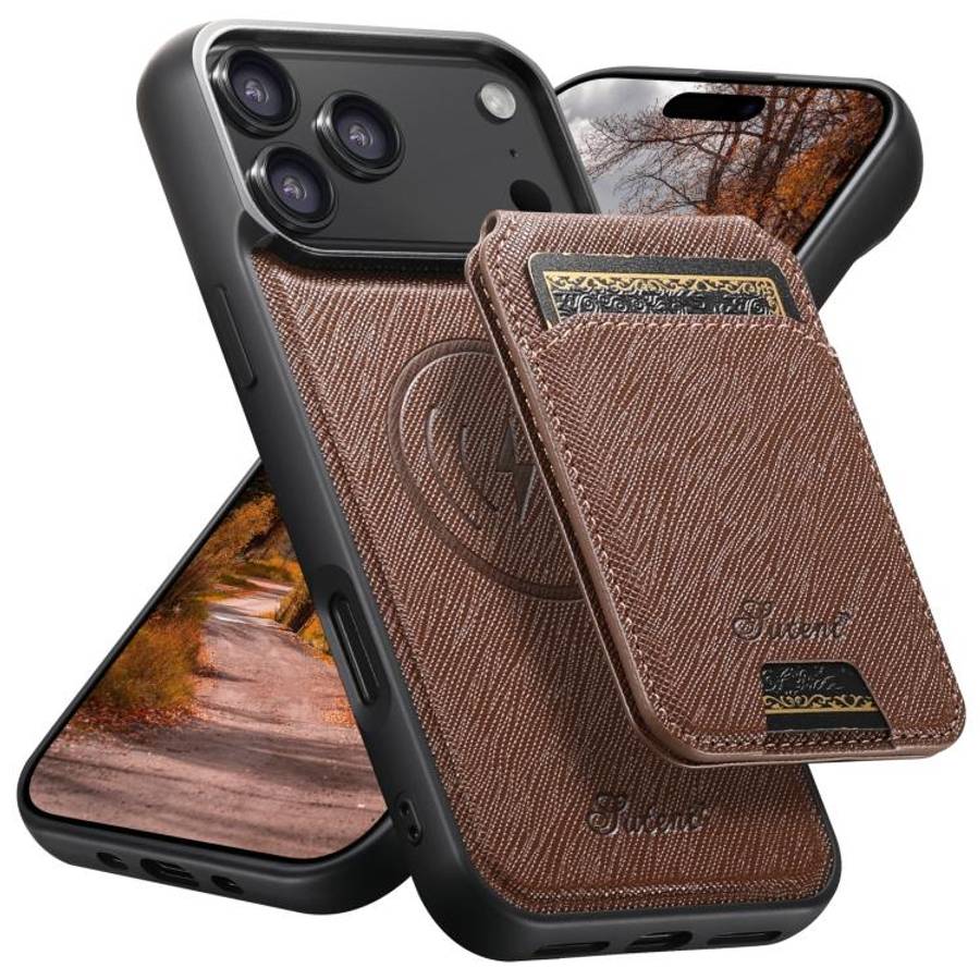 Suteni H18 Cross Grain MagSafe Wallet Leather Phone Case, For iPhone 18, For iPhone 18 Pro, For i...