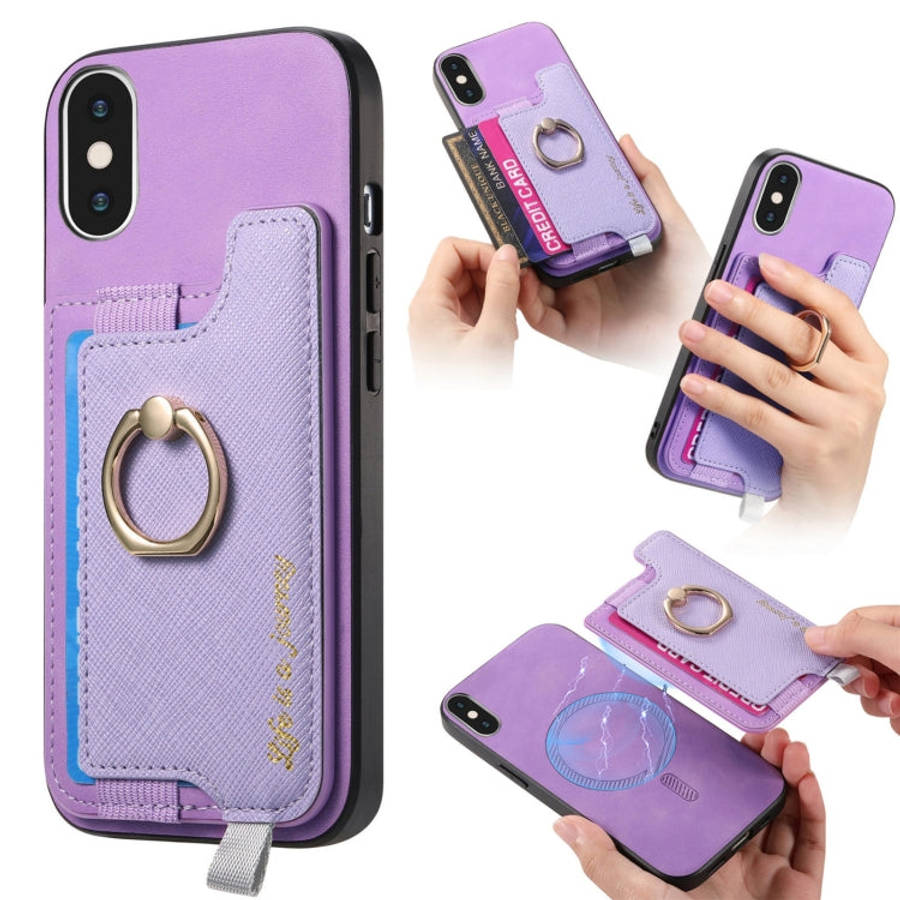 Retro Magsafe Cross Leather Ring Holder Card Bag Phone Case, For iPhone 12 / 12 Pro, For iPhone 1...