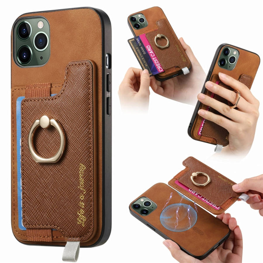 Retro Magsafe Cross Leather Ring Holder Card Bag Phone Case, For iPhone 12 / 12 Pro, For iPhone 1...
