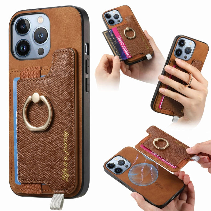 Retro Magsafe Cross Leather Ring Holder Card Bag Phone Case, For iPhone 14 Pro, For iPhone 14 Pro...