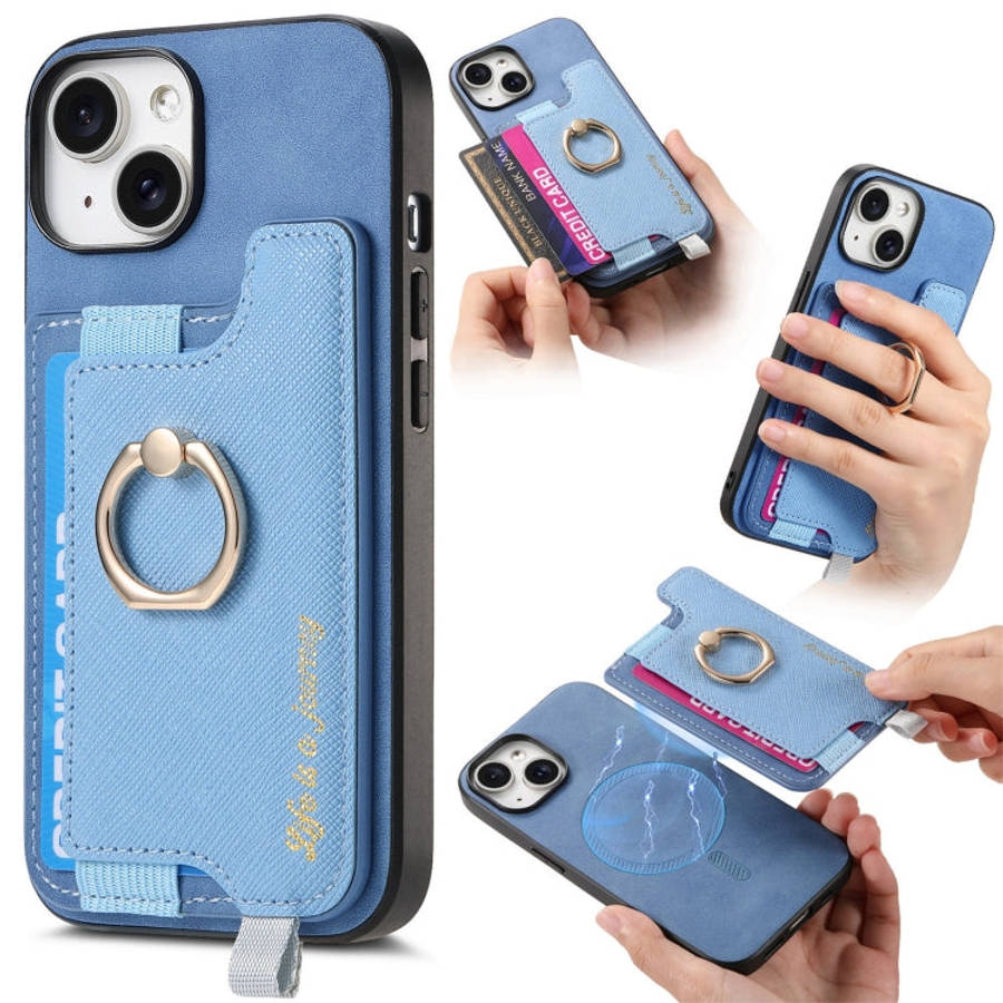 Retro Magsafe Cross Leather Ring Holder Card Bag Phone Case, For iPhone 15 Pro max, For iPhone 15...