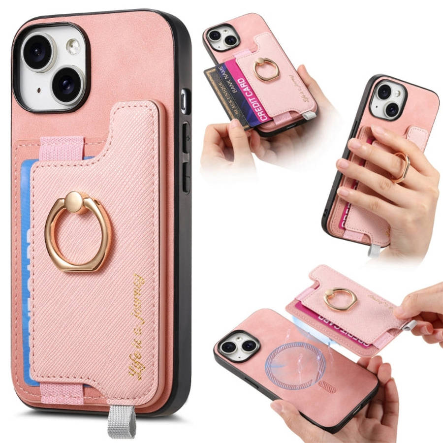 Retro Magsafe Cross Leather Ring Holder Card Bag Phone Case, For iPhone 15 Pro max, For iPhone 15...