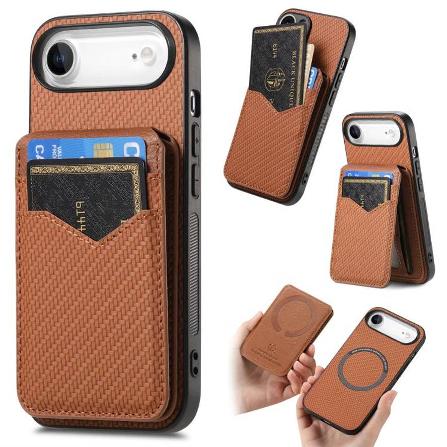 Carbon Fiber MagSafe Vertical Flip Card Bag Phone Case, For iPhone 17e / 16e, For iPhone 17 Pro M...