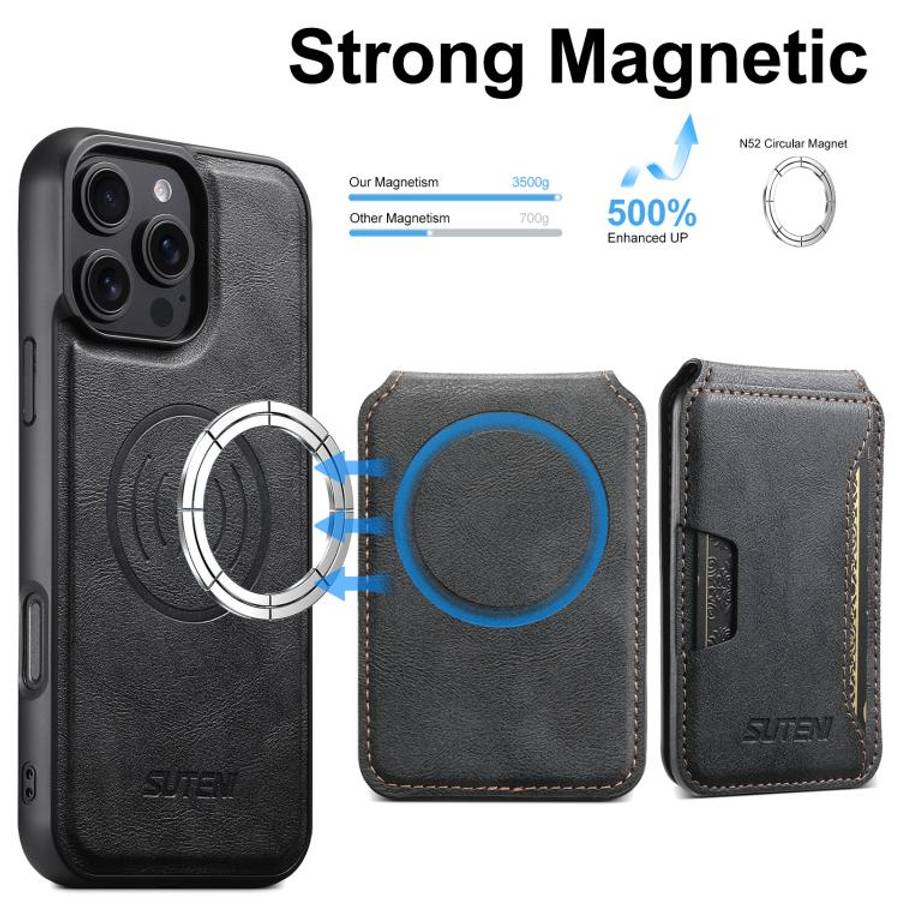 Suteni M3 Card Bag MagSafe Cowhide Texture Leather Phone Case, For iPhone 14, For iPhone 14 Pro, ...