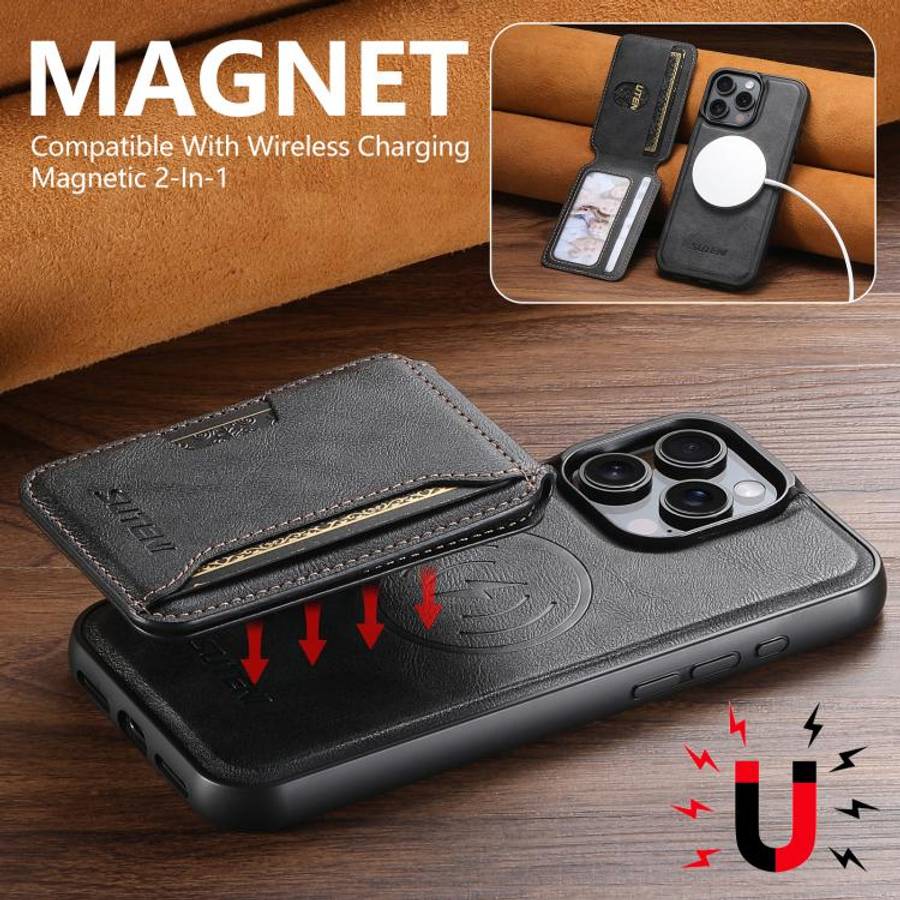 Suteni M3 Card Bag MagSafe Cowhide Texture Leather Phone Case, For iPhone 14, For iPhone 14 Pro, ...