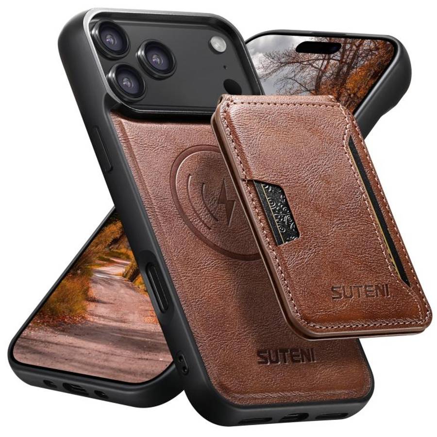 Suteni M3 Card Bag MagSafe Cowhide Texture Leather Phone Case, For iPhone 18, For iPhone 18 Pro, ...