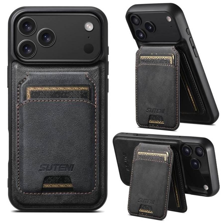 Suteni M5 Magnetic Card Bag MagSafe Cowhide Texture Leather Phone Case, For iPhone 18, For iPhone...