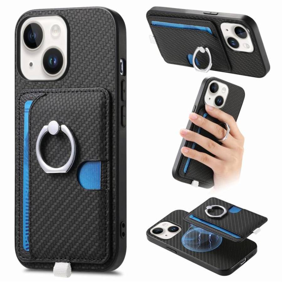 Carbon Fiber Ring Side Insert Card Bag MagSafe Phone Case, For iPhone 15 Pro Max, For iPhone 15 P...