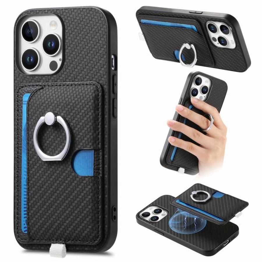 Carbon Fiber Ring Side Insert Card Bag MagSafe Phone Case, For iPhone 15 Pro Max, For iPhone 15 P...