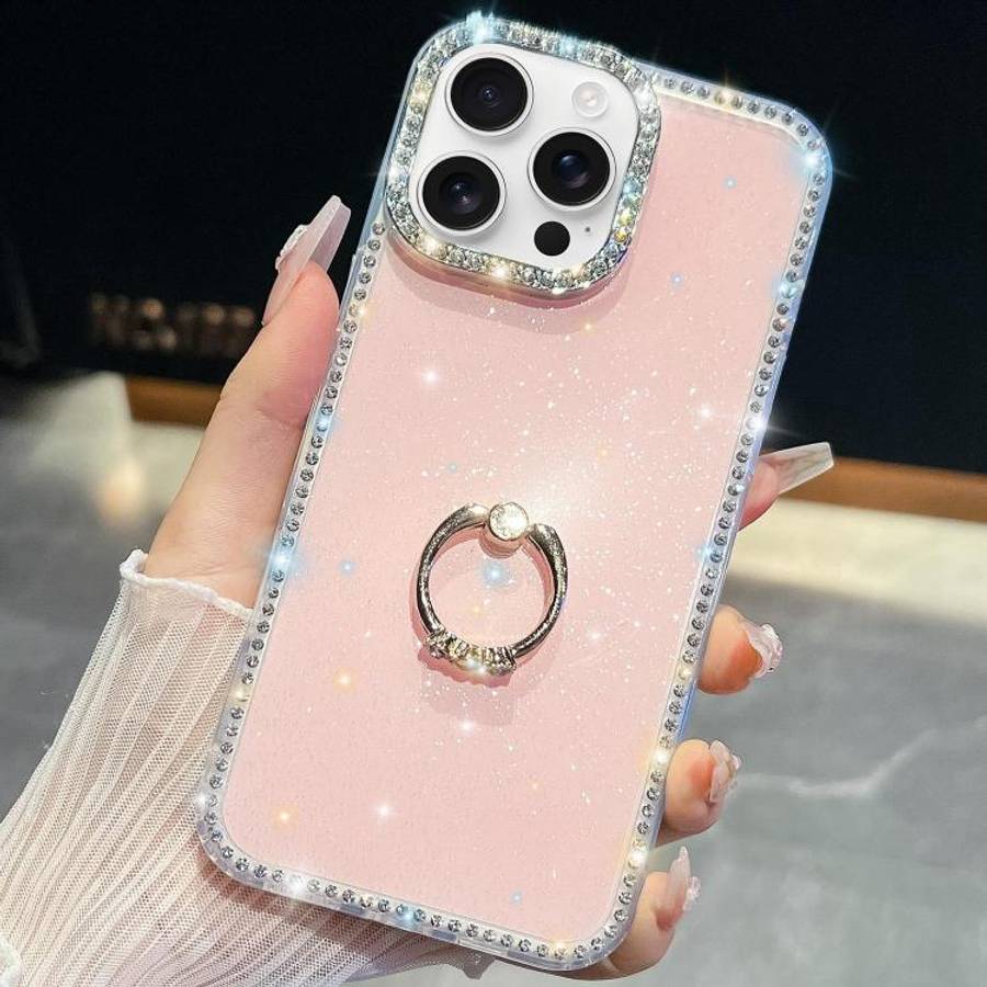 Rhinestone Glitter TPU Ring Holder Anti-fall Phone Case, For iPhone 16, For iPhone 15 Pro Max, Fo...