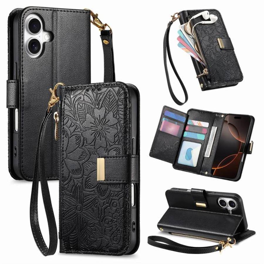 Flowers Leaves Zipper Wallet Leather Phone Case with Strap, For iPhone 17e / 16e, For iPhone 17 P...