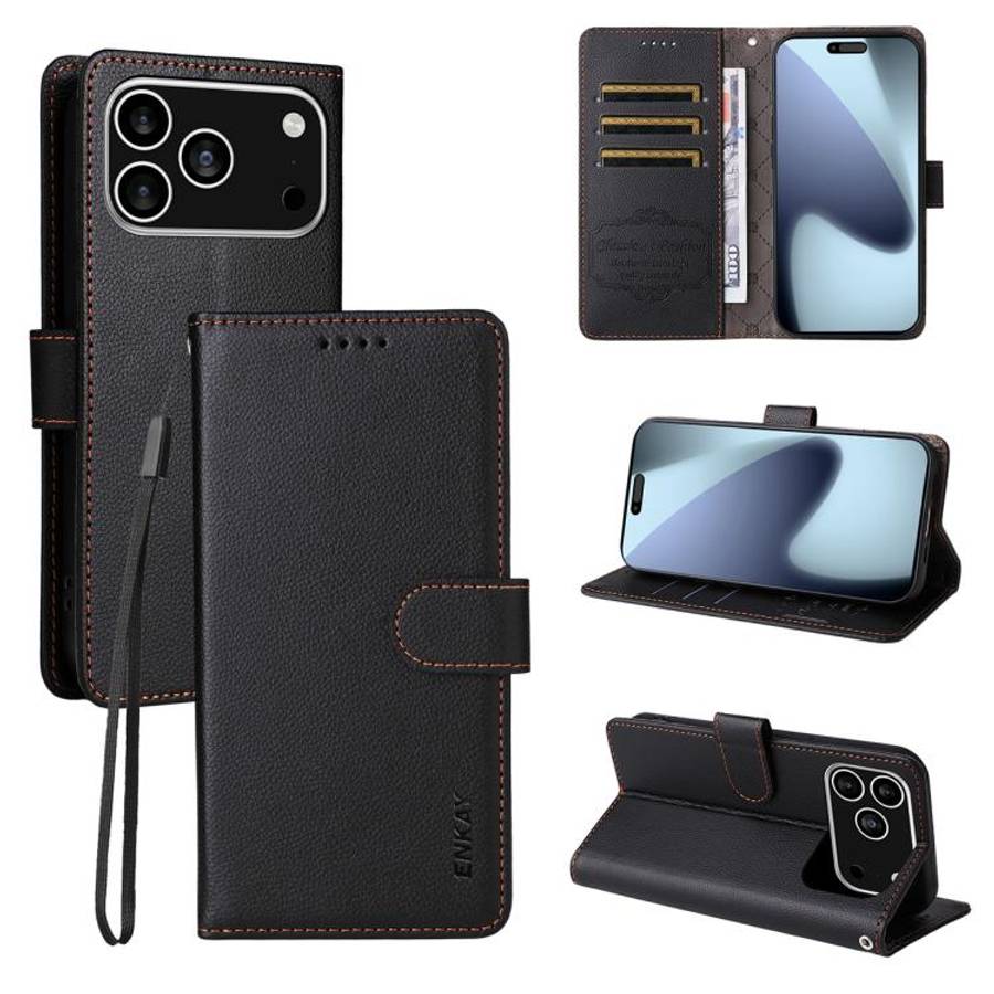 ENKAY RFID Blocking Wallet Kickstand Litchi Texture Leather Phone Case, For iPhone 18 Pro / 17 Pr...