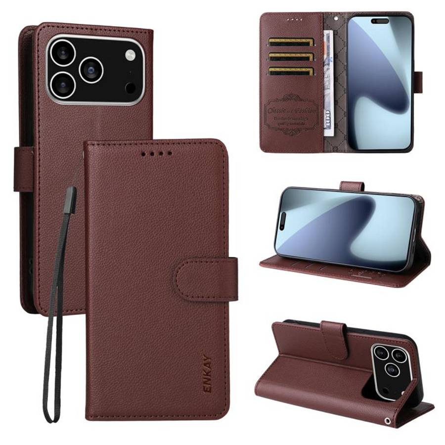 ENKAY RFID Blocking Wallet Kickstand Litchi Texture Leather Phone Case, For iPhone 18 Pro / 17 Pr...