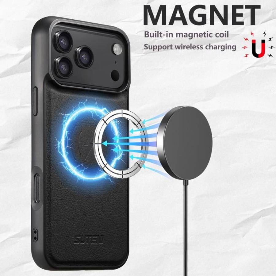 Suteni G5 Litchi Leather Magnetic MagSafe Phone Case, For iPhone 18, For iPhone 18 Pro, For iPhon...