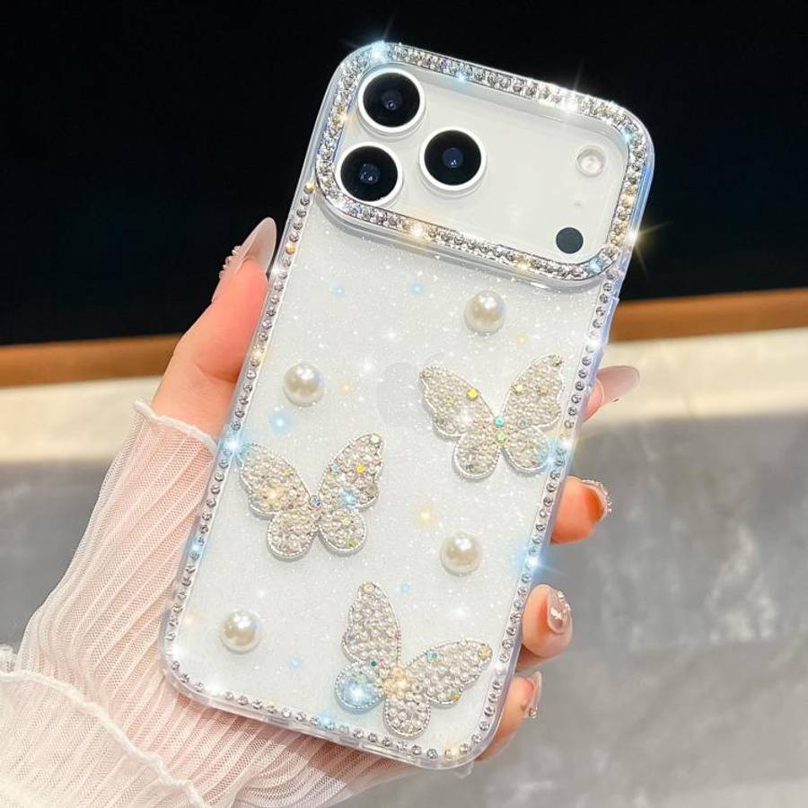 Diamond Glitter Pearl Butterfly Four-Corner Shockproof Phone Case, For iPhone 17 Pro Max, For iPh...