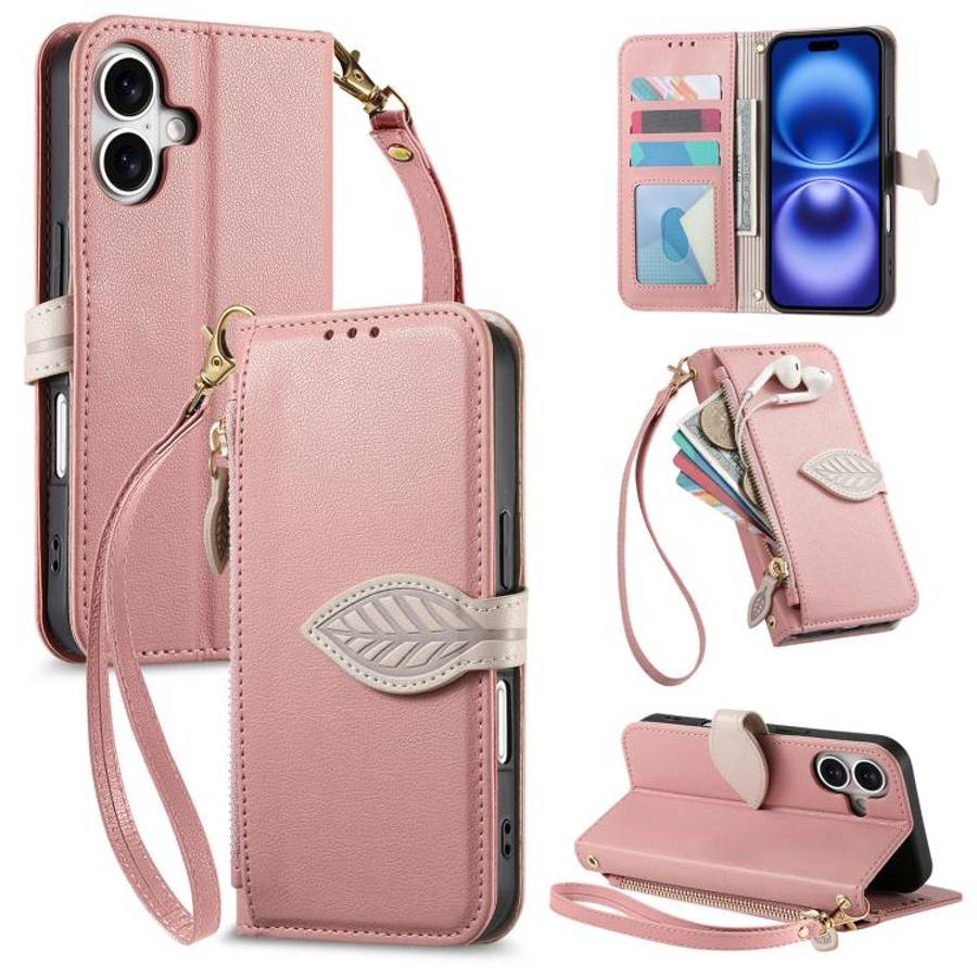 Leaf Buckle Zipper Wallet Leather Phone Case with Strap, For iPhone 17e / 16e, For iPhone 17 Pro ...