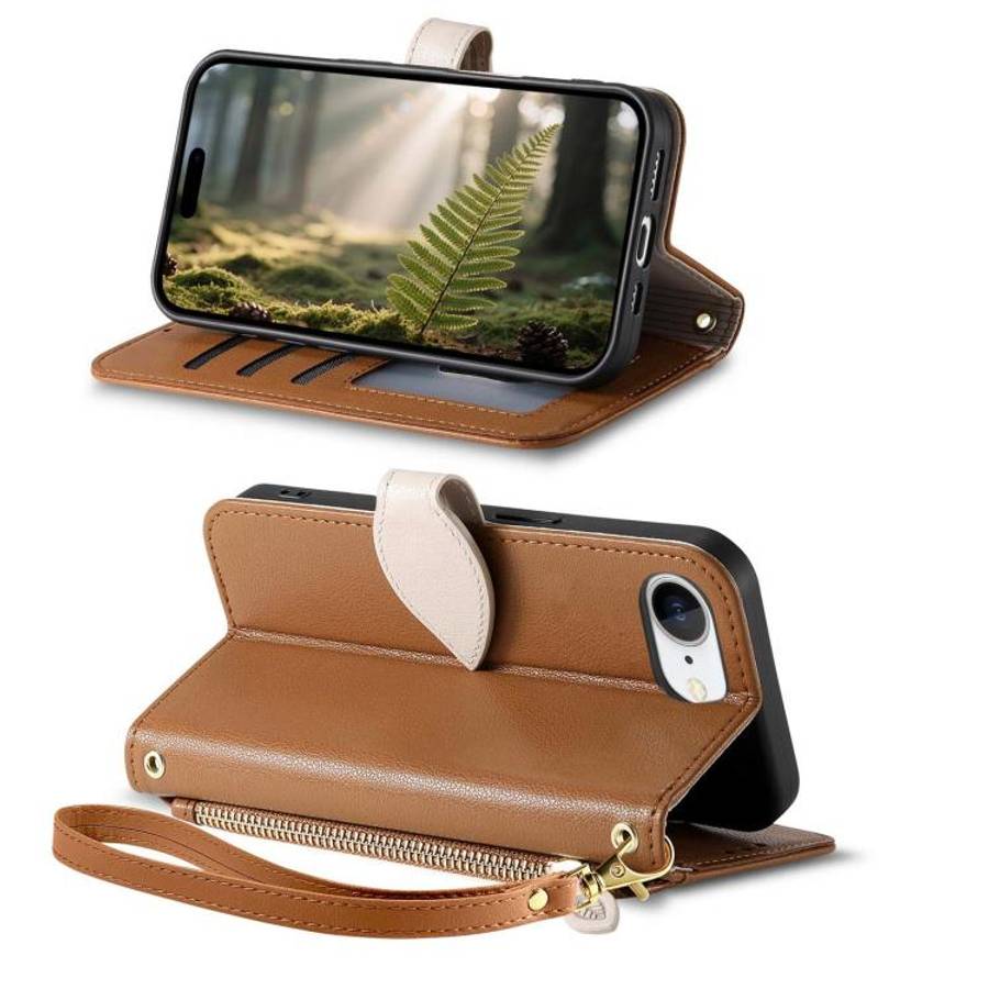 Leaf Buckle Zipper Wallet Leather Phone Case with Strap, For iPhone 17e / 16e, For iPhone 17 Pro ...