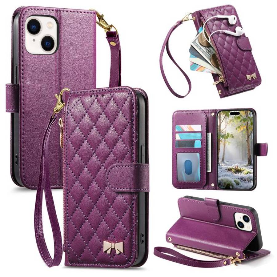 Rhombic Texture Zipper Wallet Metal Bow-knot Vegan Leather Phone Case with Strap, For iPhone 15 P...